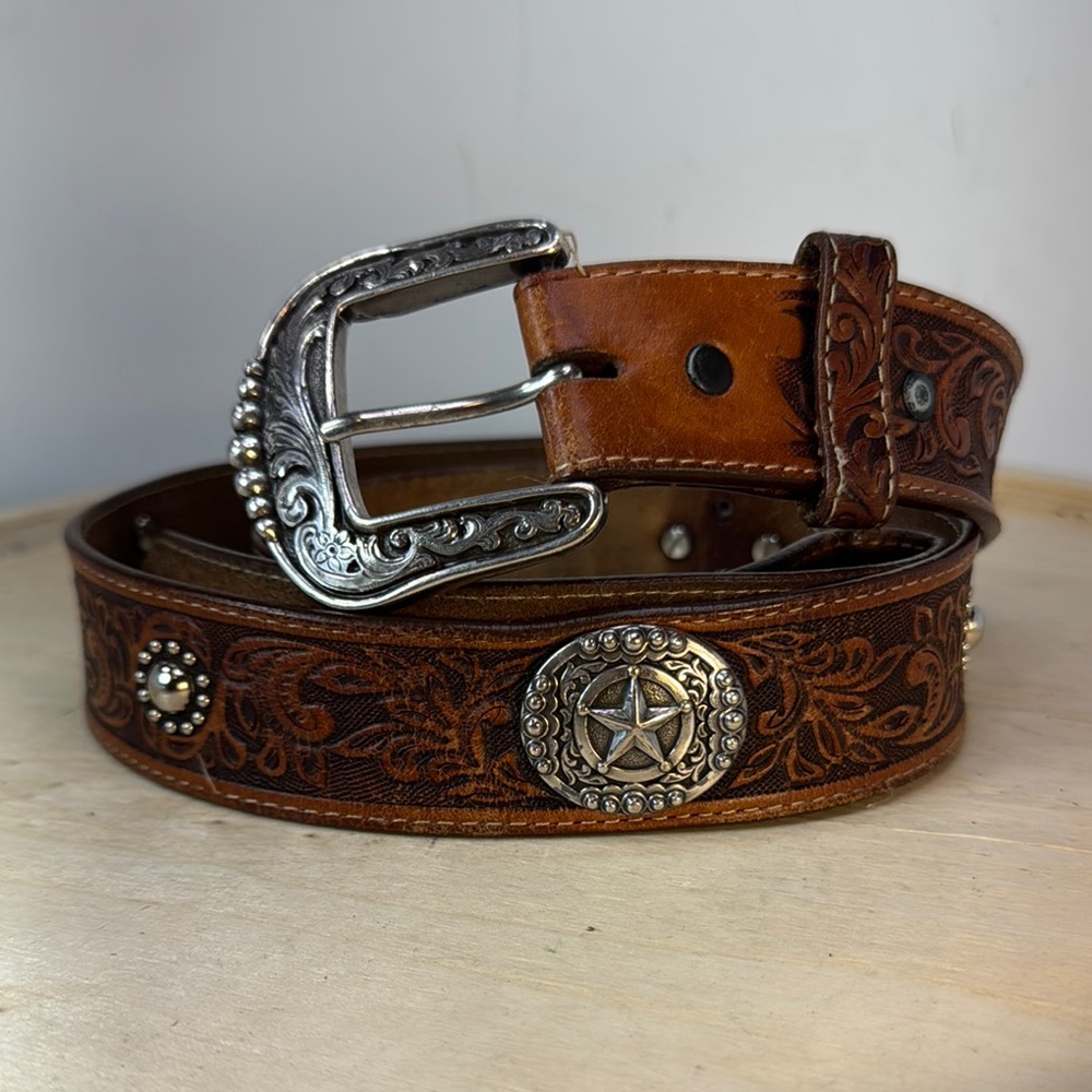 Vintage Embossed Western Style Brown Leather Silver Buckle Belt Size 38